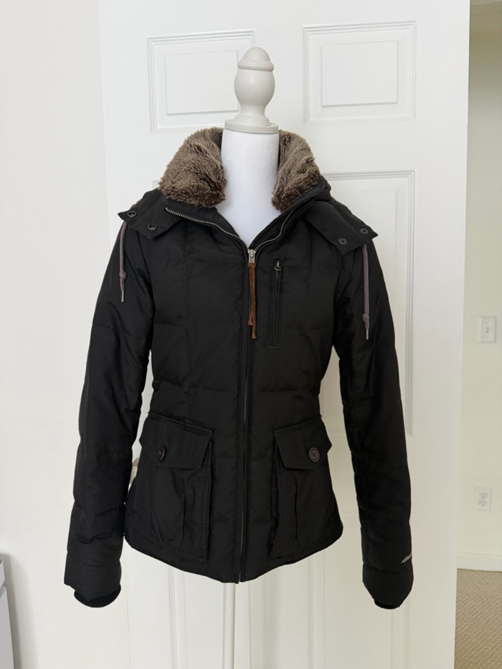 Eddie Bauer Black Puffer Jacket with Faux Fur Hood Trim